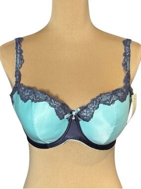 NWT Elle Macpherson Bra Sz.36DD Blue Satin Gray Lace Underwire Sexy Lingerie